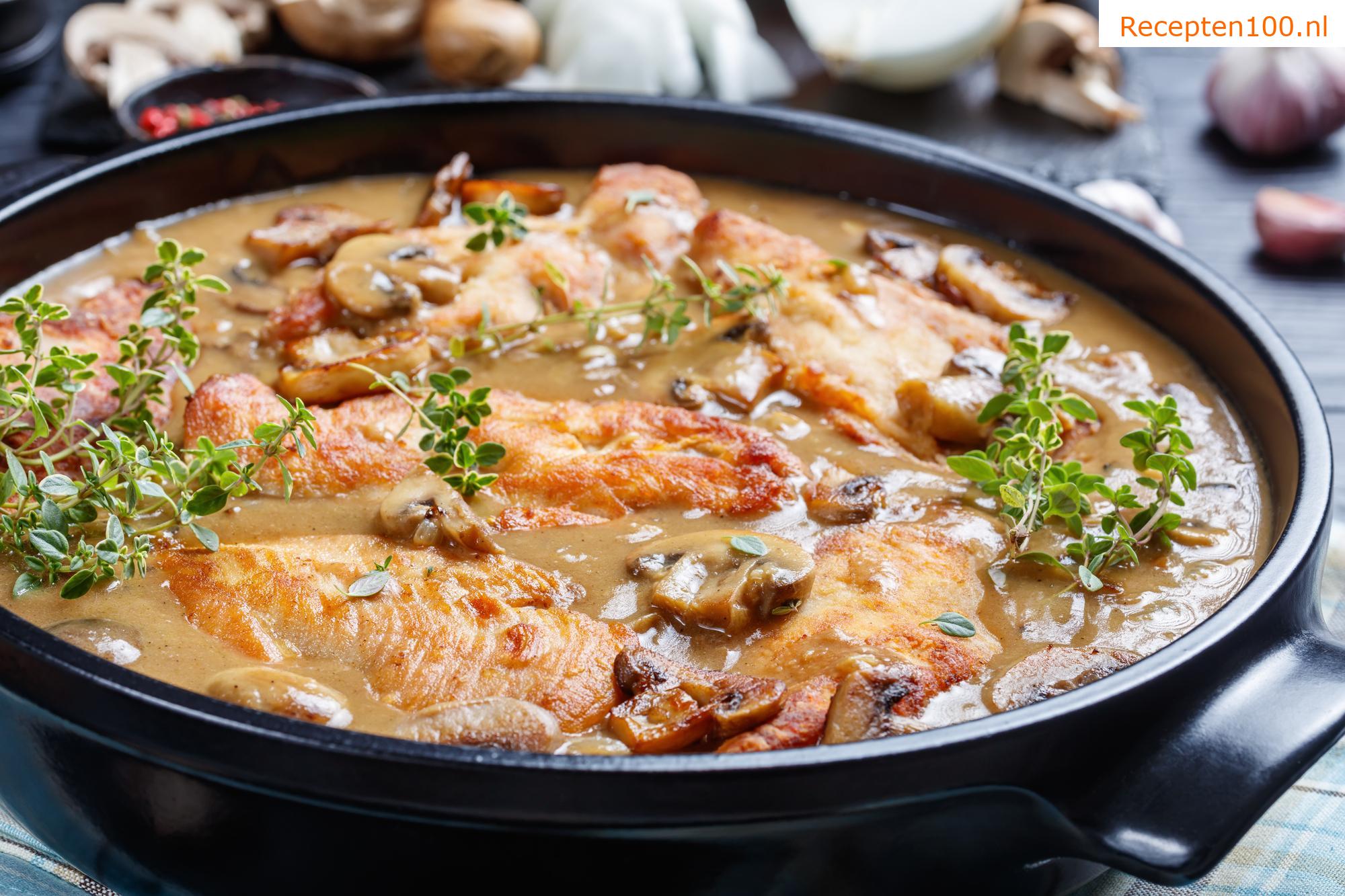 Gevulde kalkoenborst met champignons, paprika en courgette.